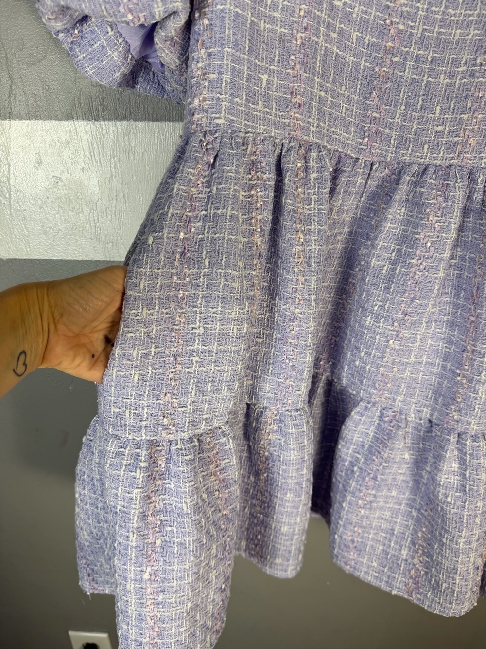 English Factory Lavender Tweed Dress with Puff Sleeves - Picture 8 of 10